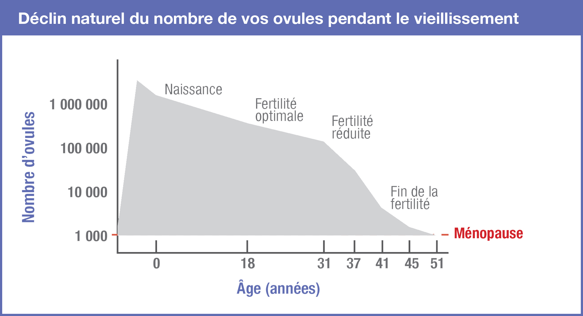 Graphique : Déclin naturel du nombre de vos ovules pendant le vieillissement.